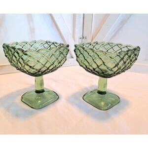 2 VTG LE Smith Green Glass Trellis Pattern Pedestal Dessert Bowl 4.5"H X 3.75"W